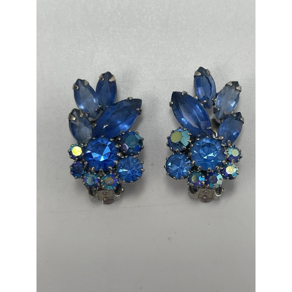 Weiss Clip Earrings Vtg Blue Rhinestones 1X 05 Mcm 1950s Bride Pageant Prom 40$